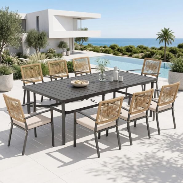Wicker patio conversation set arranged around a fire pit table