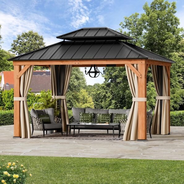 Modern wood gazebo with a double galvanized steel roof