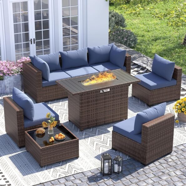 Conversation set arranged around a fire pit table